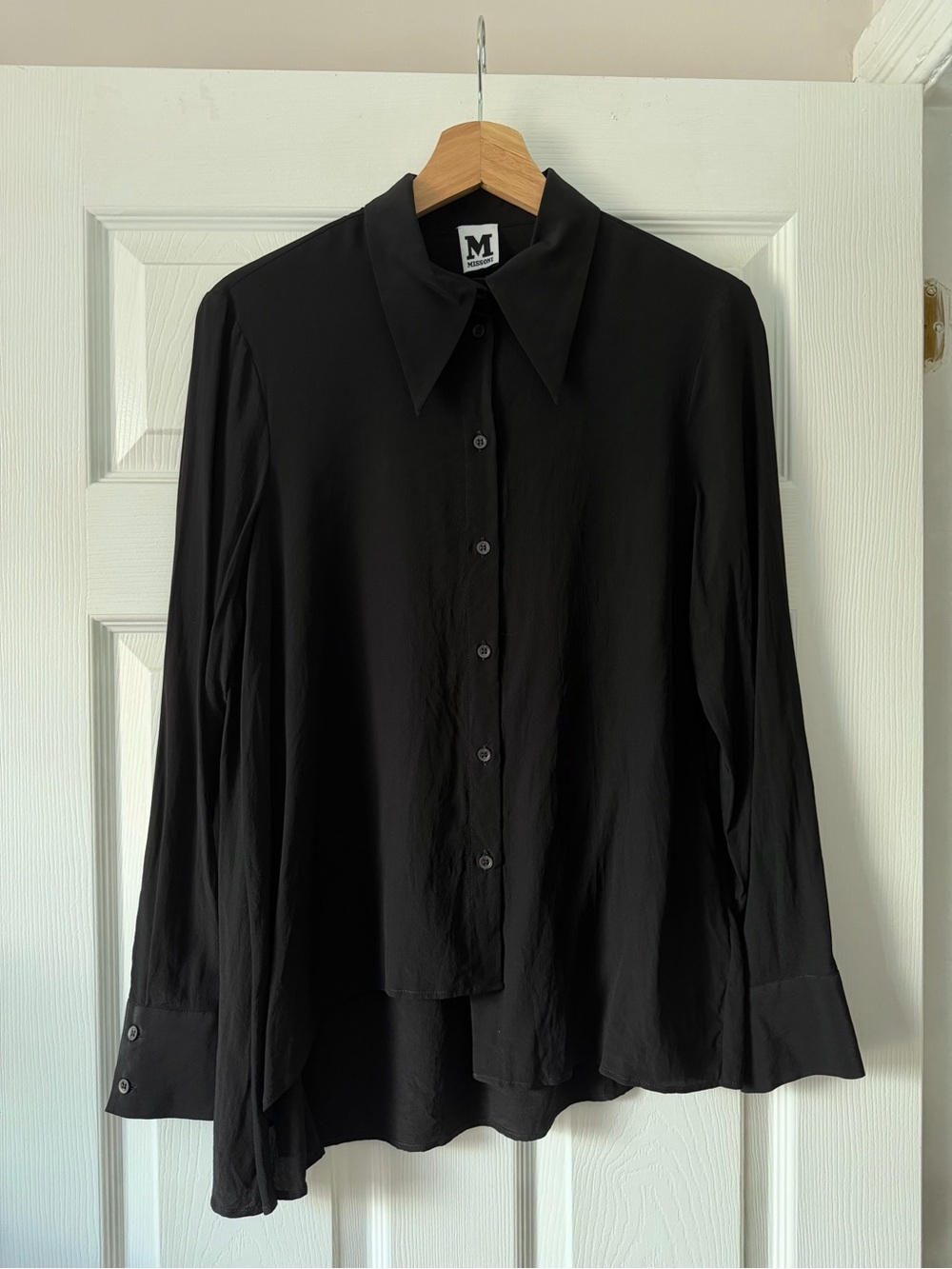 Authentic Missoni Black Silk Button-Down Long-Sleeve Shirt with Asymmetrical Hem
